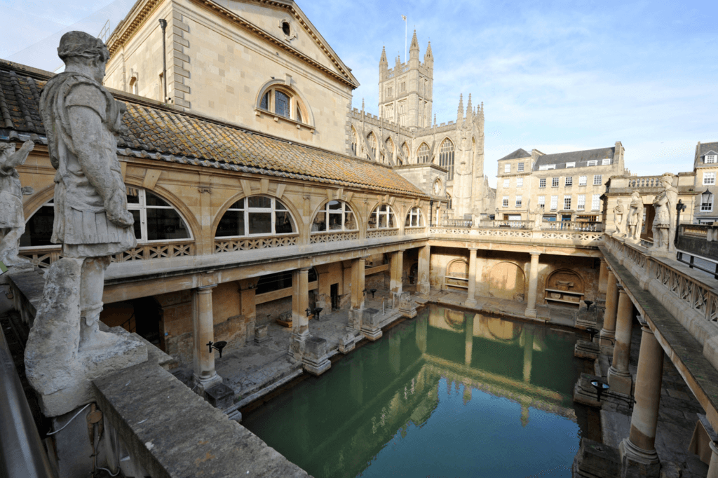 view of the Roman Baths with the Bath Cathedral in the background