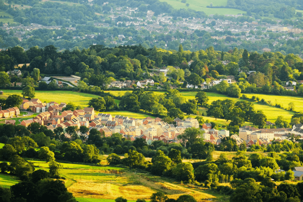 a birds eye view of houses in the Cotswalds