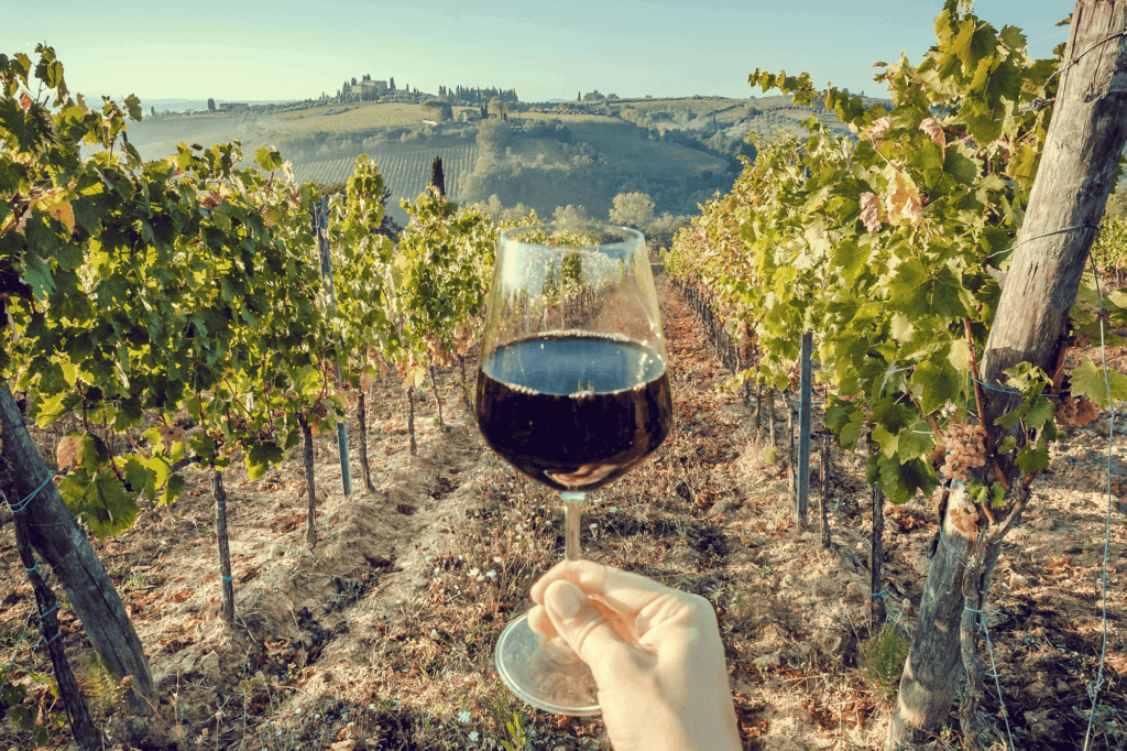 wine glass overlooking a winery in Tuscany Italy