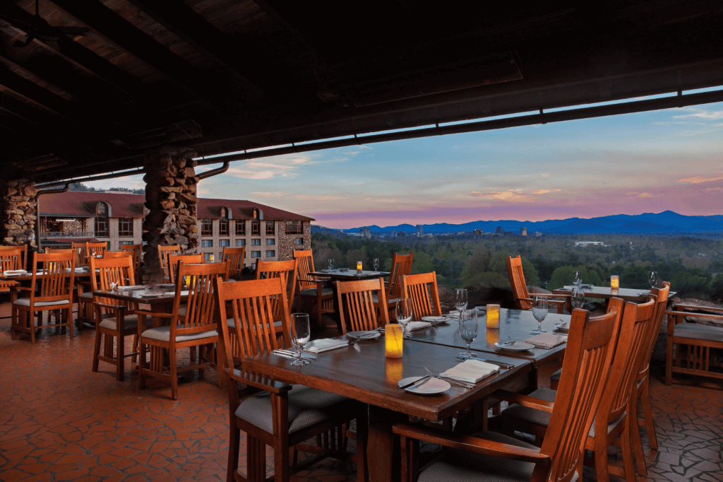 Outside dining area at the Omni Grove Park Inn hotel in Asheville