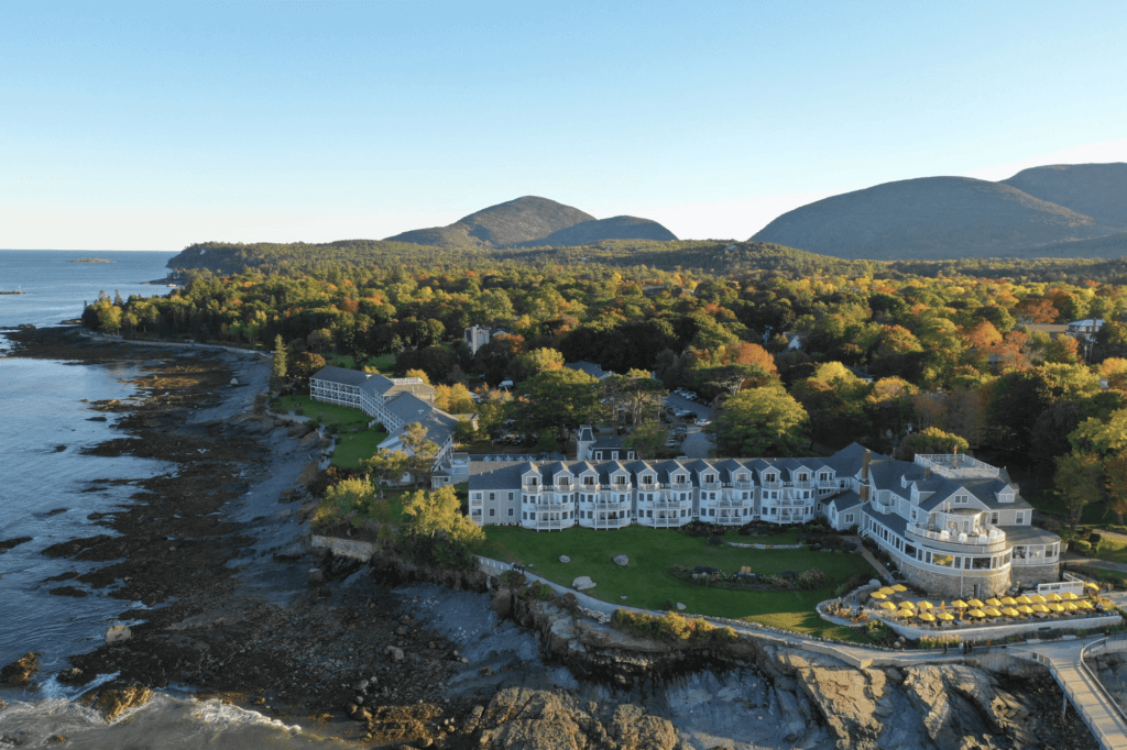 an air view of the Bar Harbor Inn and Spa