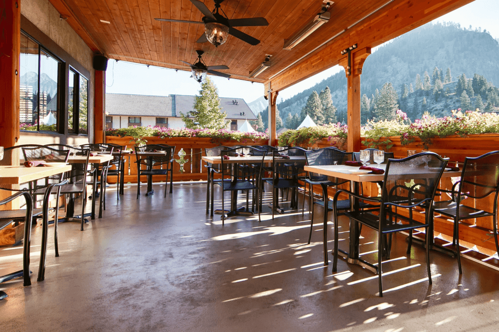 outdoor seating area at the Icicle Village Resort hotel in Leavenworth, Washington