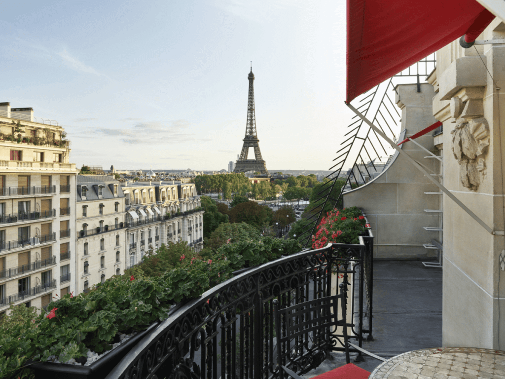 Eiffel Tower View from The Hotel Plaza Athenee near Champs-Elysess Paris France